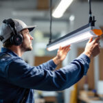 A photograph of a lighting contractor expertly installing or adjusting a 4-foot led light fixture in a well-lit workspace