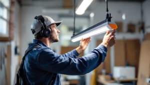 A photograph of a lighting contractor expertly installing or adjusting a 4-foot led light fixture in a well-lit workspace