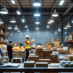 A photograph of a well-lit warehouse interior showcasing various types of lighting fixtures in use