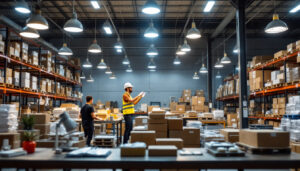 A photograph of a well-lit warehouse interior showcasing various types of lighting fixtures in use
