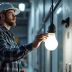A photograph of a lighting contractor examining a four-foot led bulb installation in a commercial setting