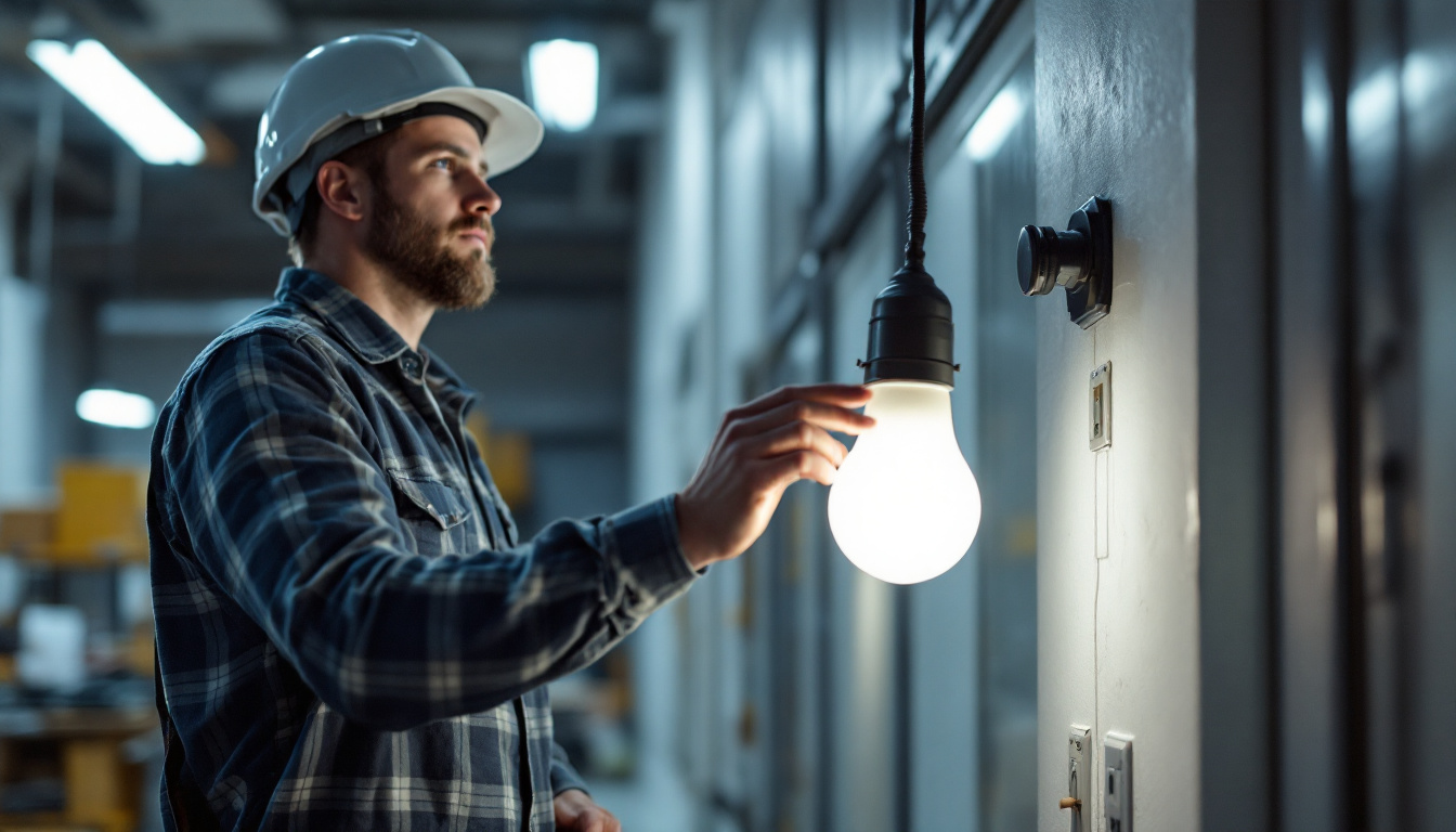 A photograph of a lighting contractor examining a four-foot led bulb installation in a commercial setting