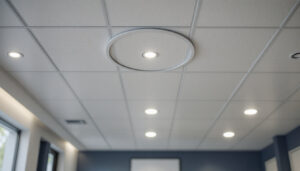 A photograph of a well-lit drop ceiling installation featuring recessed lighting fixtures