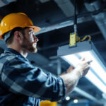 A photograph of a lighting contractor efficiently replacing a fluorescent light fixture with an led alternative