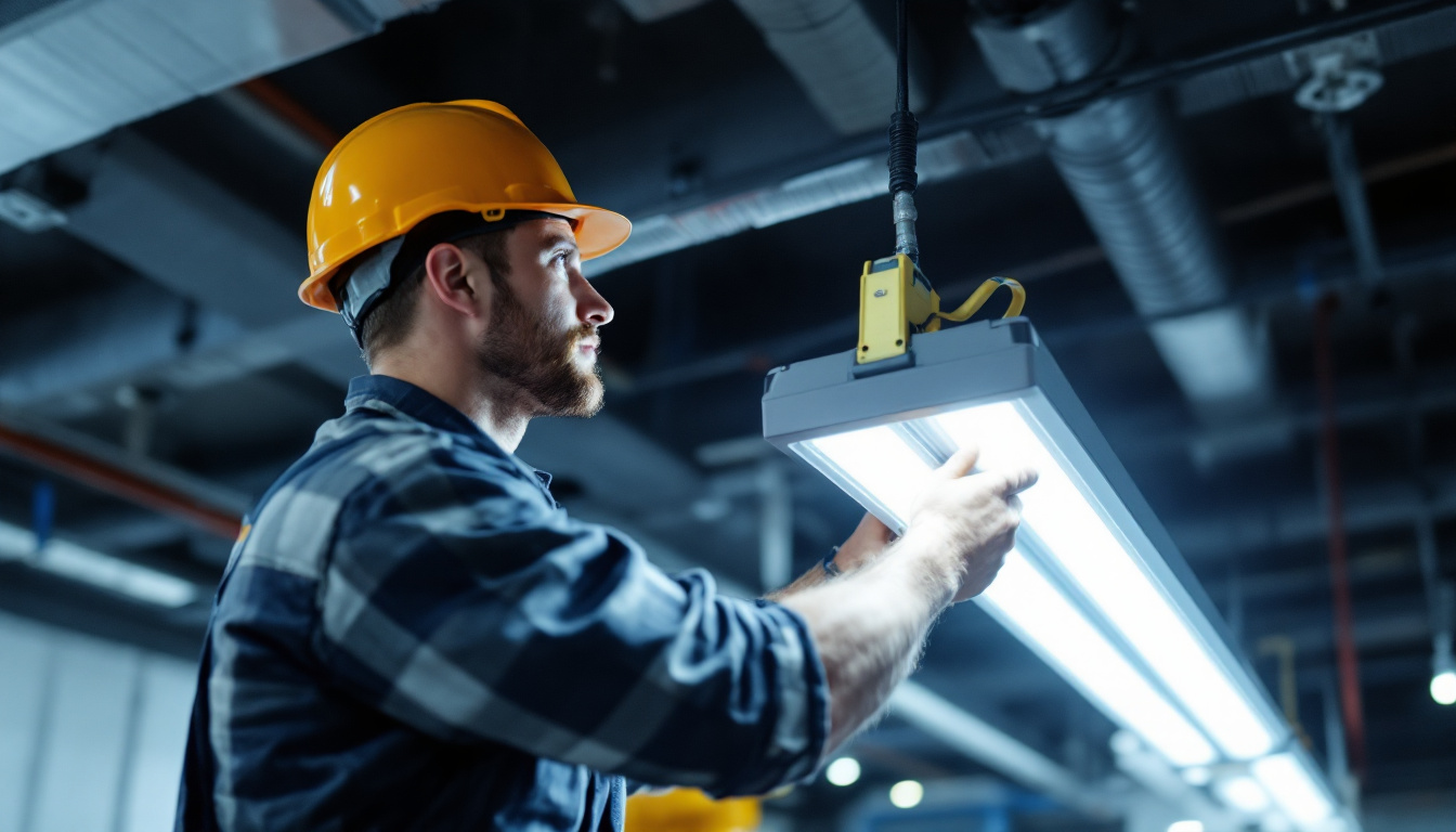 A photograph of a lighting contractor efficiently replacing a fluorescent light fixture with an led alternative