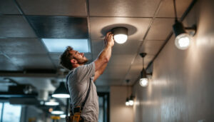 A photograph of a lighting contractor installing modern