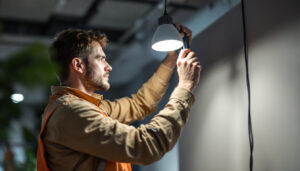 A photograph of a lighting contractor expertly installing a type t light in a well-lit space