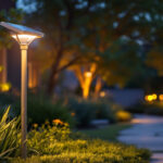 A photograph of a solar lamp installed in a beautifully landscaped outdoor setting