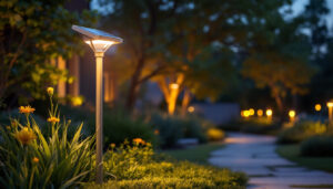 A photograph of a solar lamp installed in a beautifully landscaped outdoor setting