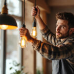 A photograph of a skilled lighting contractor carefully installing elegant light fixtures in a modern cabin interior