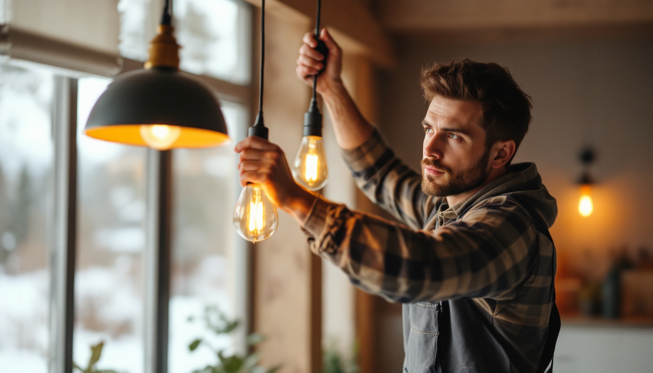 A photograph of a skilled lighting contractor carefully installing elegant light fixtures in a modern cabin interior