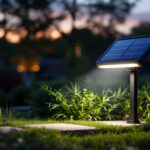 A photograph of a solar floodlight illuminated at dusk