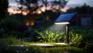 A photograph of a solar floodlight illuminated at dusk