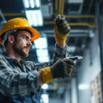 A photograph of a lighting contractor expertly working on a commercial lighting installation