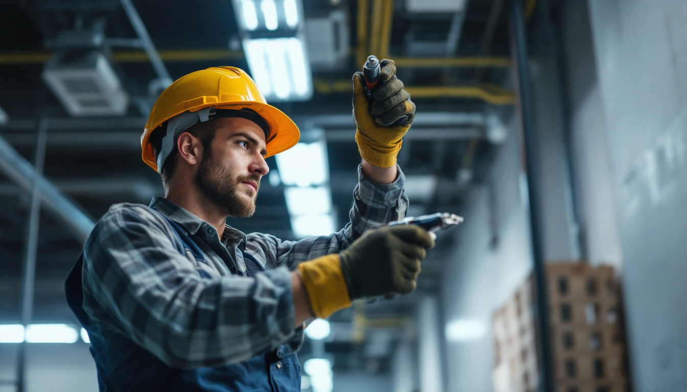 A photograph of a lighting contractor expertly working on a commercial lighting installation