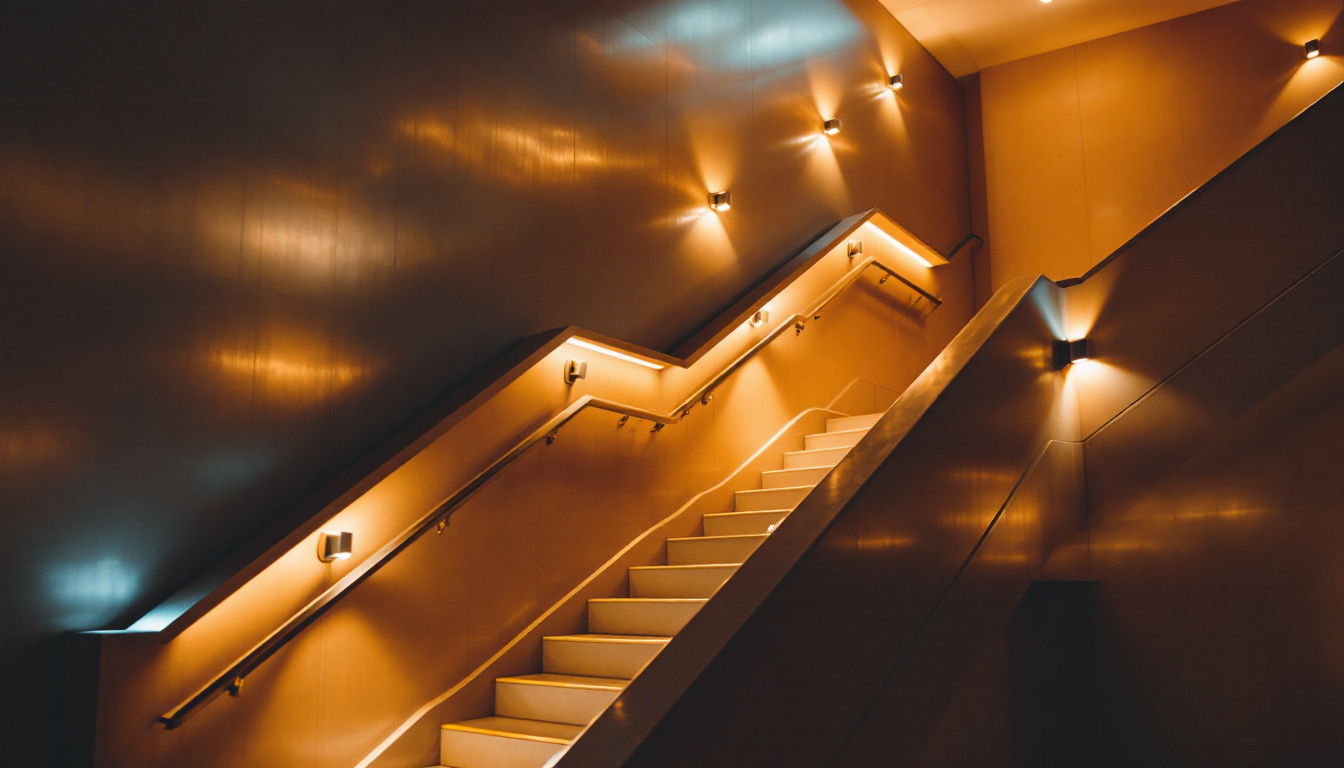A photograph of a well-lit stairwell featuring modern lighting fixtures that highlight the architectural details and create a warm