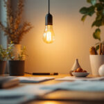 A photograph of a beautifully styled workspace featuring a type b lamp with its warm glow illuminating a creative project
