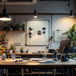 A photograph of a well-lit workspace featuring various led shop lights in action