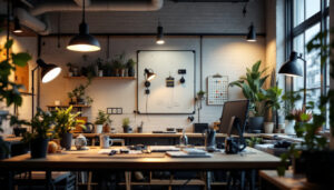 A photograph of a well-lit workspace featuring various led shop lights in action