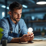 A photograph of a lighting contractor examining a type s light bulb in a well-lit workspace