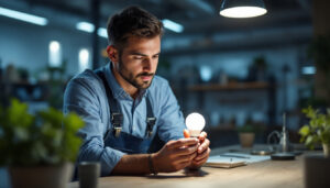 A photograph of a lighting contractor examining a type s light bulb in a well-lit workspace