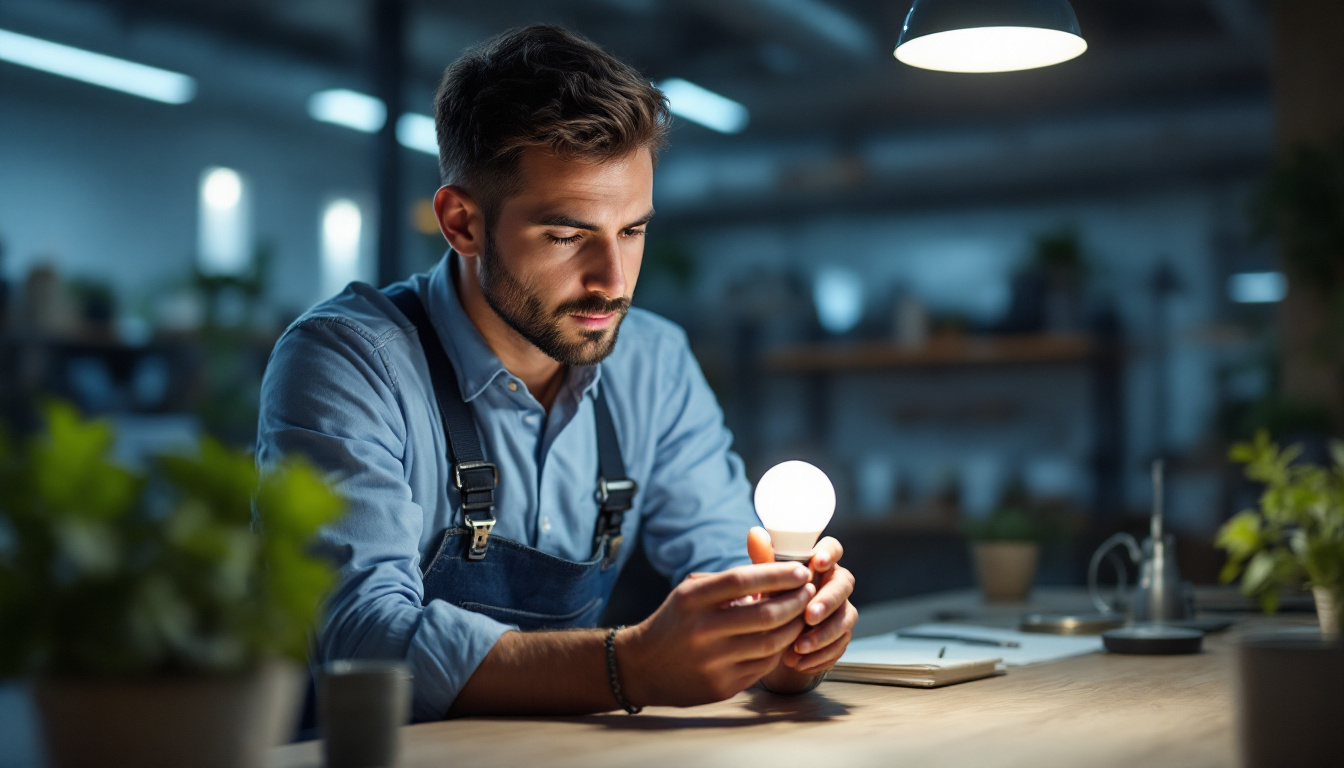 A photograph of a lighting contractor examining a type s light bulb in a well-lit workspace