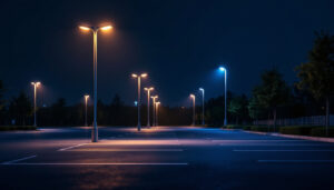 A photograph of a well-lit parking lot showcasing modern light poles