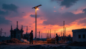 A photograph of a solar pole lamp illuminating a construction site at dusk
