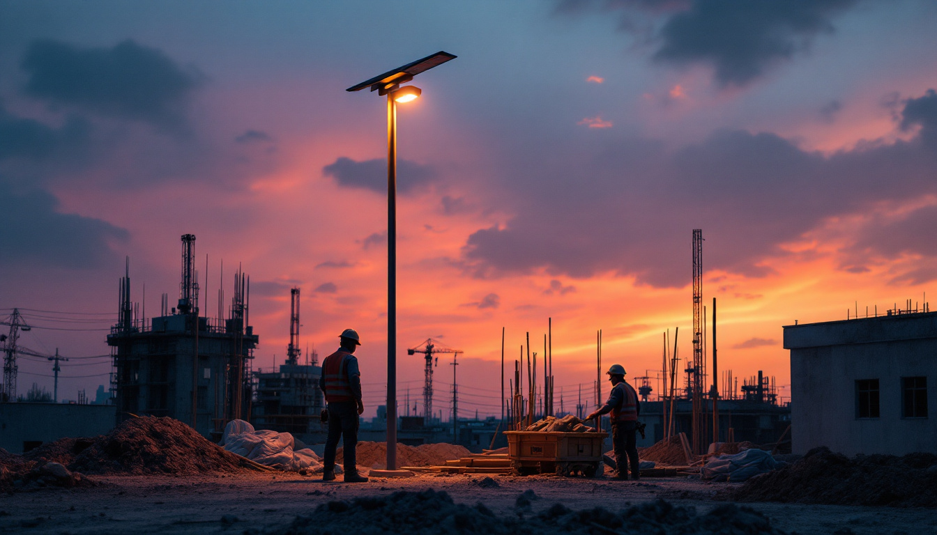 A photograph of a solar pole lamp illuminating a construction site at dusk