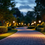 A photograph of a beautifully illuminated driveway featuring solar light posts
