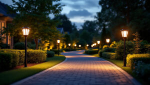 A photograph of a beautifully illuminated driveway featuring solar light posts
