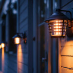 A photograph of a beautifully lit porch featuring stylish solar lights in use during dusk