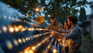 A photograph of a diverse team of workers engaging in a hands-on training session outdoors