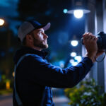A photograph of a skilled lighting contractor installing or adjusting commercial outdoor lights in a beautifully illuminated urban or landscaped setting