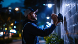 A photograph of a skilled lighting contractor installing or adjusting commercial outdoor lights in a beautifully illuminated urban or landscaped setting