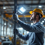 A photograph of a lighting contractor skillfully installing led high bay lights in a spacious industrial setting