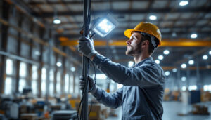 A photograph of a lighting contractor skillfully installing led high bay lights in a spacious industrial setting