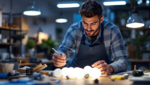A photograph of a lighting contractor examining a selection of eiko 194 bulbs in a well-lit workspace