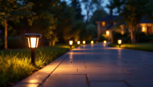 A photograph of a beautifully lit driveway at dusk