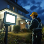 A photograph of a lighting contractor installing solar led flood lights in an outdoor setting