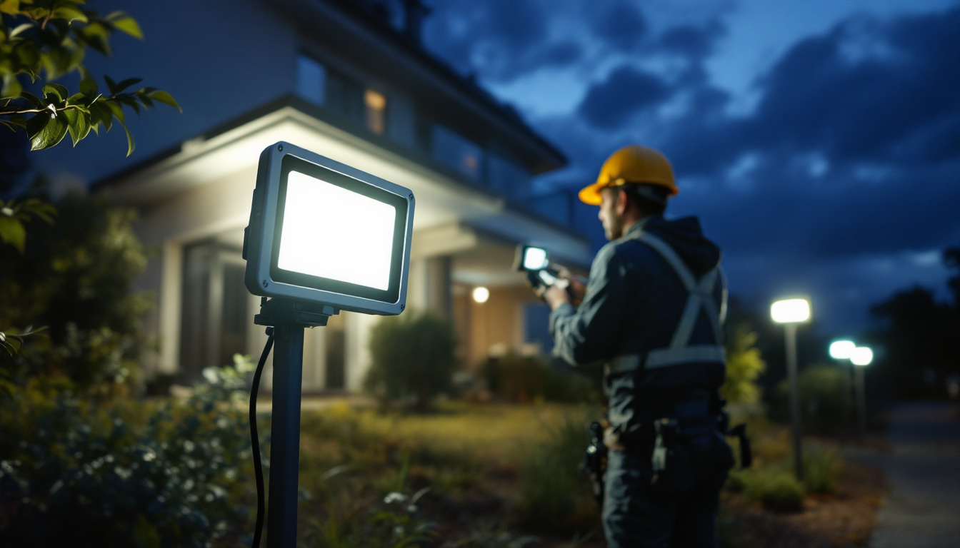 A photograph of a lighting contractor installing solar led flood lights in an outdoor setting