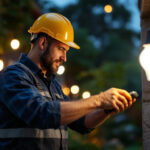 A photograph of a lighting contractor installing solar bulb lights in an outdoor setting