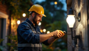 A photograph of a lighting contractor installing solar bulb lights in an outdoor setting