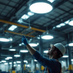 A photograph of a well-lit industrial space featuring various high bay led lights in action