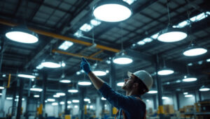 A photograph of a well-lit industrial space featuring various high bay led lights in action