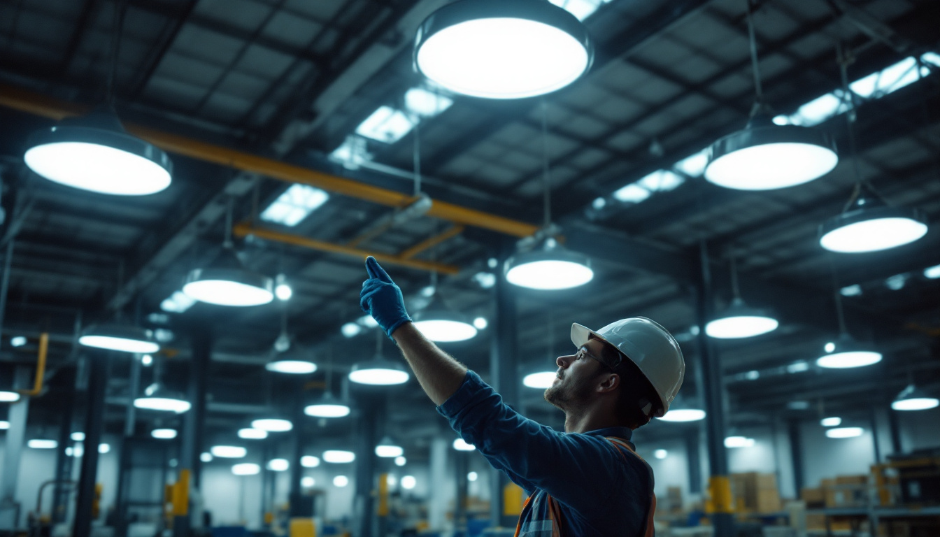 A photograph of a well-lit industrial space featuring various high bay led lights in action