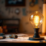 A photograph of a beautifully styled vintage led lamp in a warm