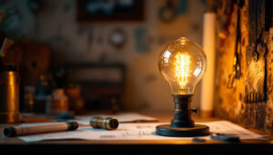 A photograph of a beautifully styled vintage led lamp in a warm
