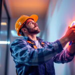 A photograph of a lighting contractor expertly installing led strip lights in a modern interior space
