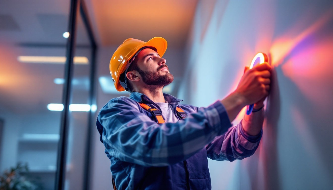 A photograph of a lighting contractor expertly installing led strip lights in a modern interior space
